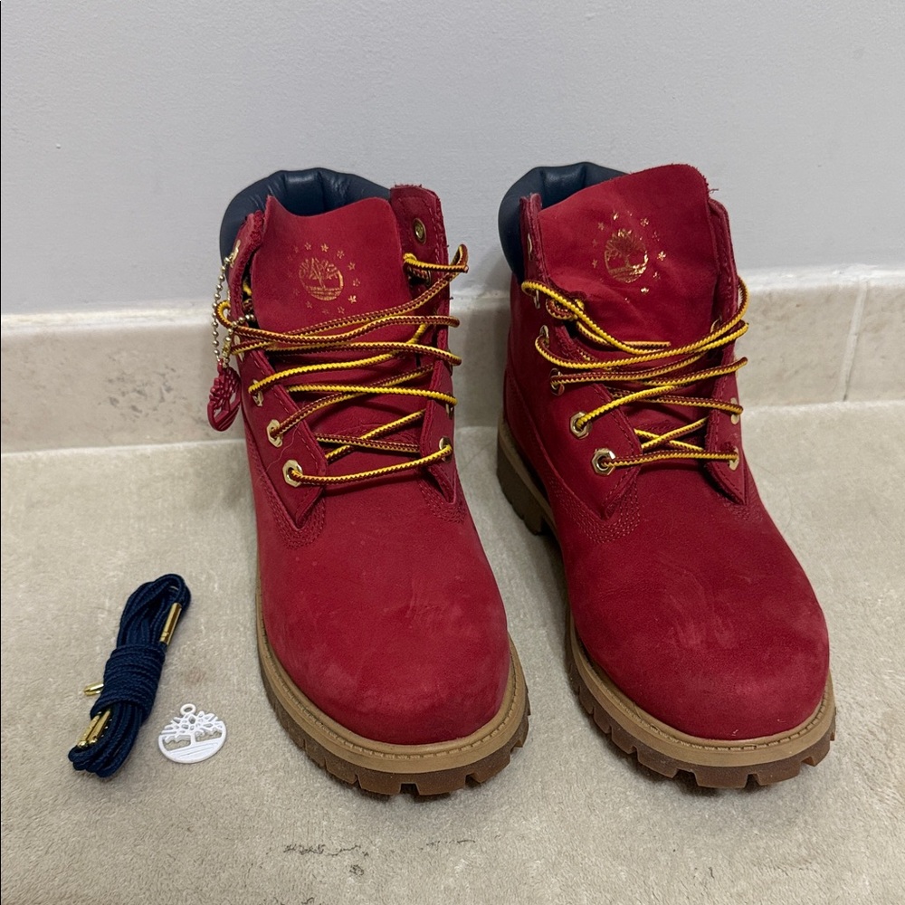 Timberland Red Boots with Yellow Laces